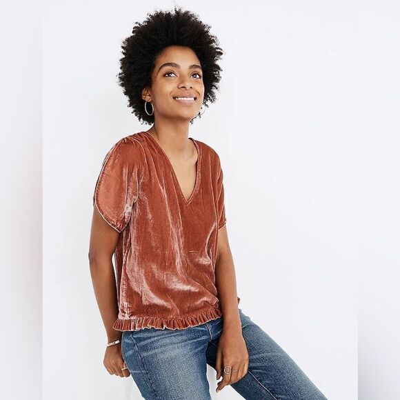 Madewell Velvet Tulip-Sleeve Ruffle Top - Picture 1 of 10
